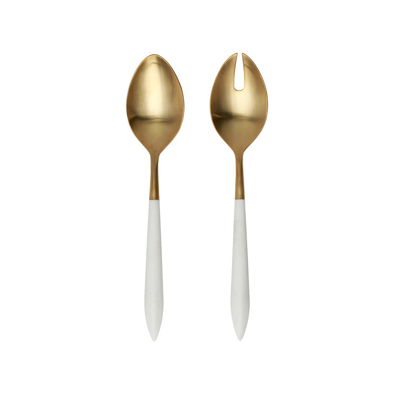 Ares Stainless Steel Salad Servers, White/Brushed Gold