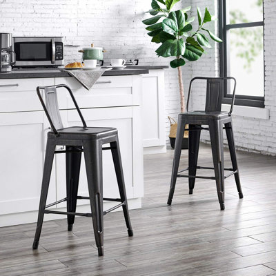 24"Metal Barstool,Country Rustic Style With Back, Kitchen Counter Bar Stool, Lightweight & Sturdy Build, Set Of 4 -Matte Black
