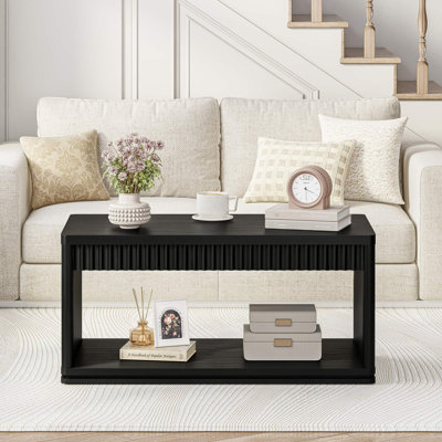 Guinna 39" Rectangular Coffee Table with Wave Pattern and Open Lower Shelf  for Living Room