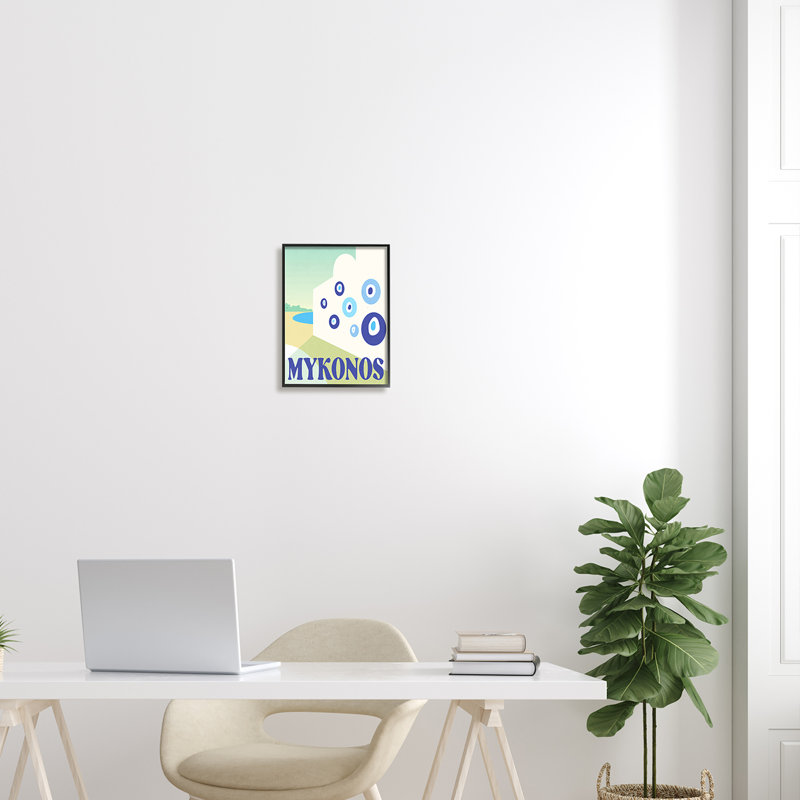 Art mural texturé moderne de Mykonos, Grèce, par Daphne Polselli, Giclée encadrée noir minuit, H 14 po x l 11 po x P 1,5 po