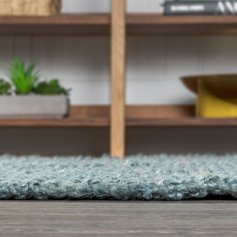 Tapis bleu clair / gris en jute tissé à la main avec franges Sinclair Pata, Rectangle de 5 pi x 8 pi