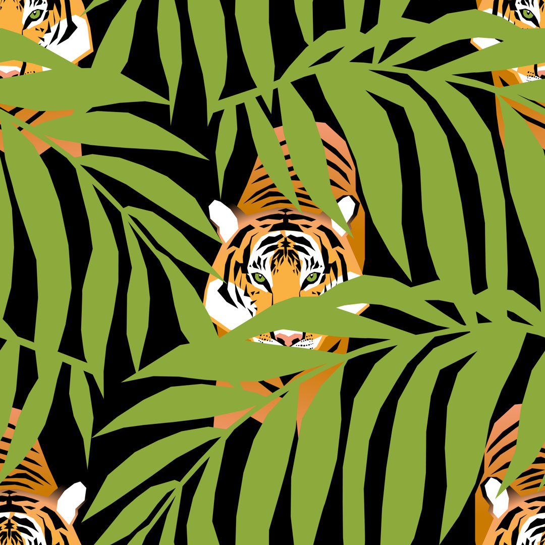 Tigers Hiding In The Jungle Palm Leaves by Maryna_R - Wrapped Canvas Print
