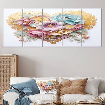 Ensemble de 5 décorations murales abstraites à motif de fleur mauve pastel doré