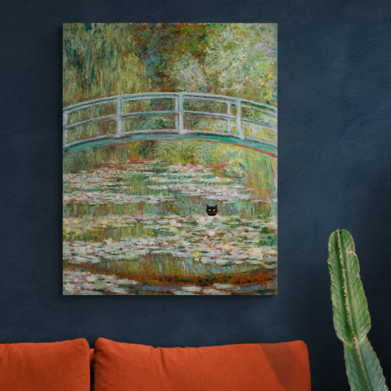 Bridge Over A Pond Of Water Lilies With Black Cat by Claude Monet - Wrapped Canvas Print, 81cm H x 61cm W