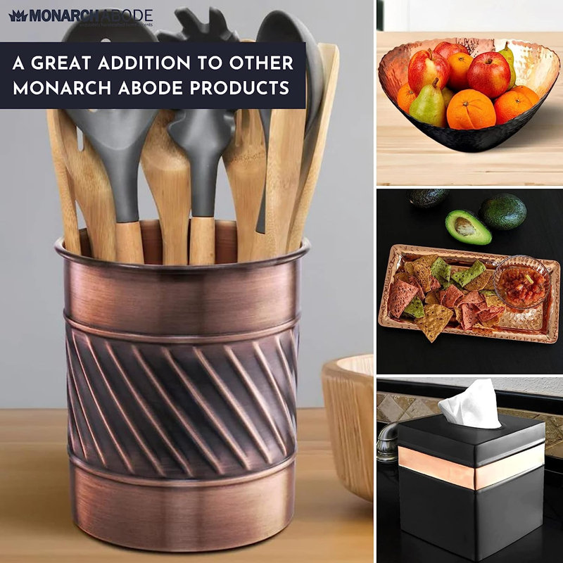 Handcrafted Floral Embossed Metal Kitchen Utensil Holder, Copper/Black