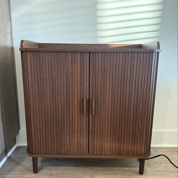 31.5'' Coffee Bar Cabinet With Wooden Sliding Door, Mid-Century Bar Stand With Wine Glass Holder, Wine Rack, Pull-Out Tray And Drawer - Walnut