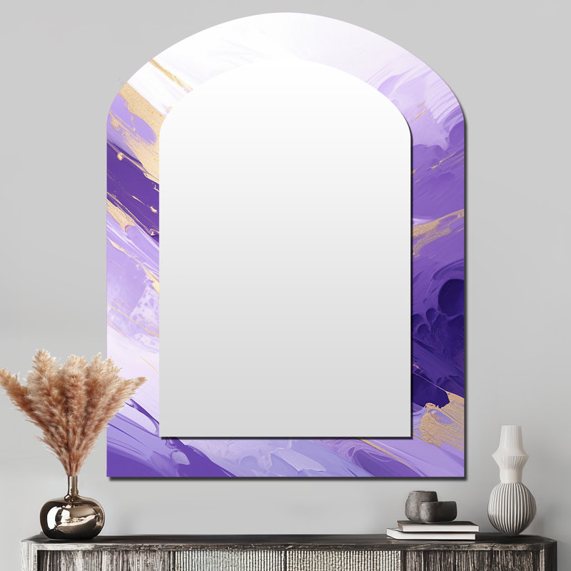 Abstractions dynamiques mauves et dorées I - grand miroir mural asymétrique abstrait, miroir décoratif mauve en arc, impression d'art en métal