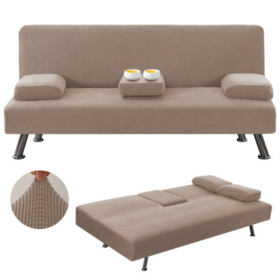 Machine Washable 4 Pieces Stretch Futon Covers Sofa Bed Slipcover with Removable Armrests and Cupholders Covers Furniture Protector High Spandex Small Checks Jacquard Fabric