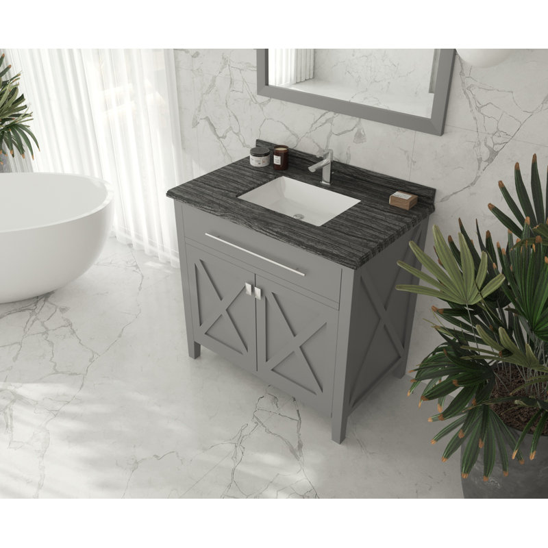 Pyles 36'' Single Bathroom Vanity with Solid Surface Top, Gray, Black Wood