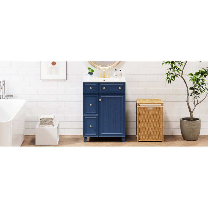 Meuble-lavabo de salle de bain 24 po - assemblage, armoire bleu teinté avec assemblage facile en céramique, beaucoup d'espace