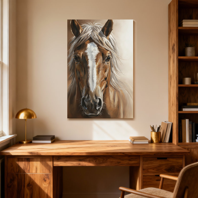 Animals Horse Portrait With White Blaze And Flowing Mane, 18" H x 12" W