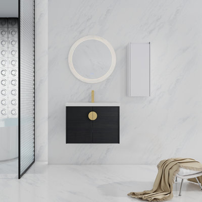 Meuble-lavabo mural de 28 pouces avec lavabo en céramique et armoire latérale, portes à fermeture douce, idéal pour les salles de bain modernes