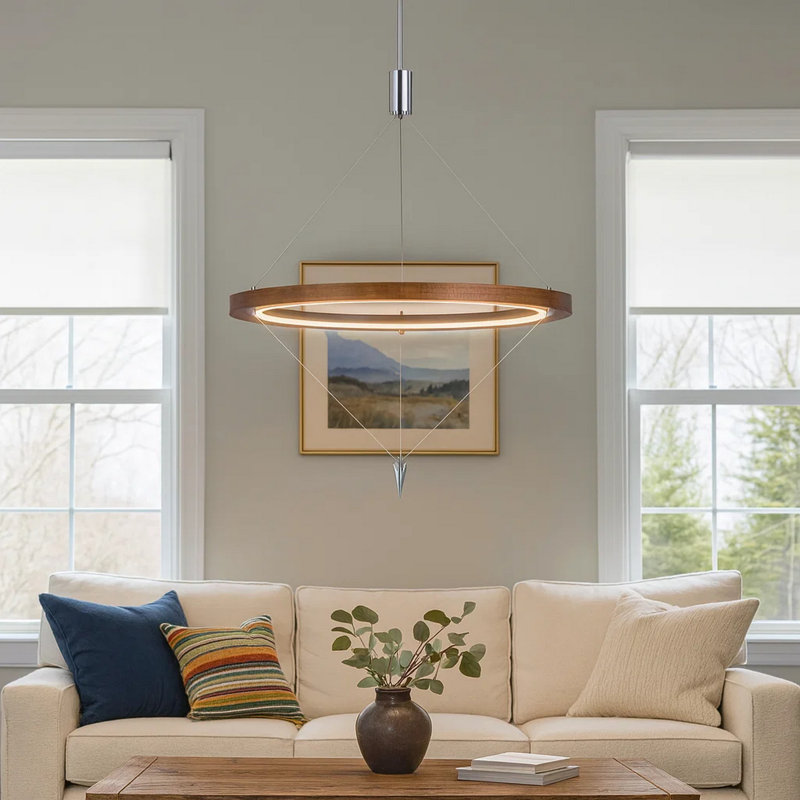 Luminaire suspendu Erbo de 11 pouces, DEL à intensité variable, bois de pin et chrome