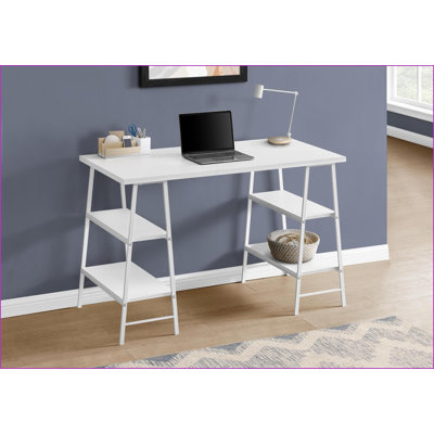 Bureaux | Bureau d'ordinateur 47,25 po avec tablettes de rangement, bureau à domicile moderne | Blanc | Métal