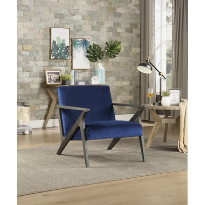 Retro Style Velvet Upholstered Blue Accent Chair 1Pc Solid Rubberwood Antique Grey Finish Modern Home Furniture