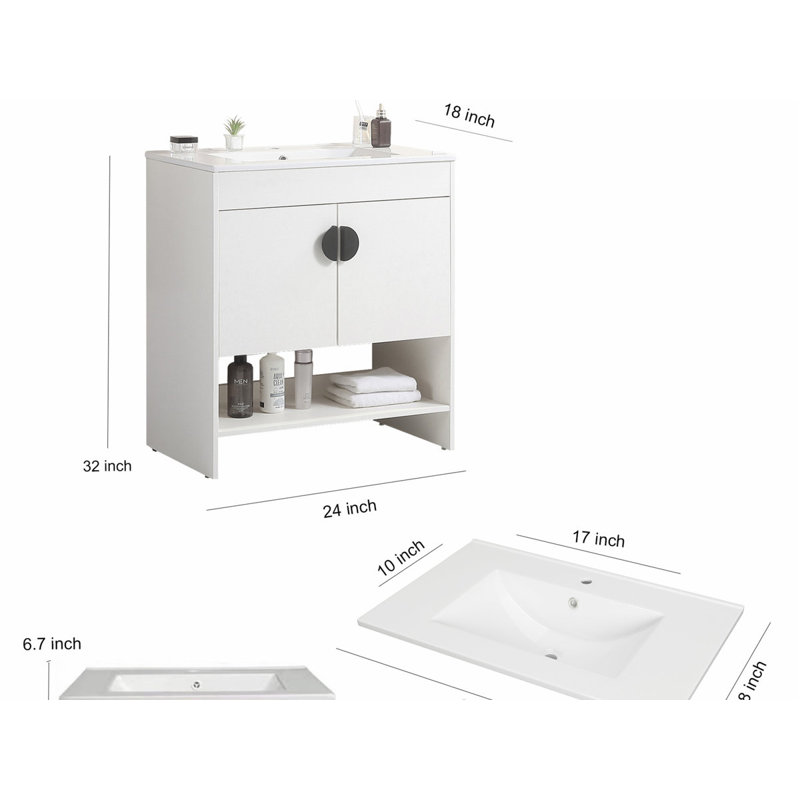 Meuble-lavabo de salle de bain, avec lavabo en céramique, portes d'armoire, robuste et durable, Blanc