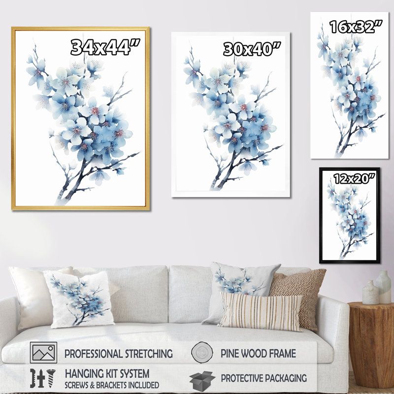Blue And White Cherry Blossoms Sapphire - Cherry Blossom Wall Art Prints, H 32 po x l 16 po x P 1 po, Cadre naturel flottant