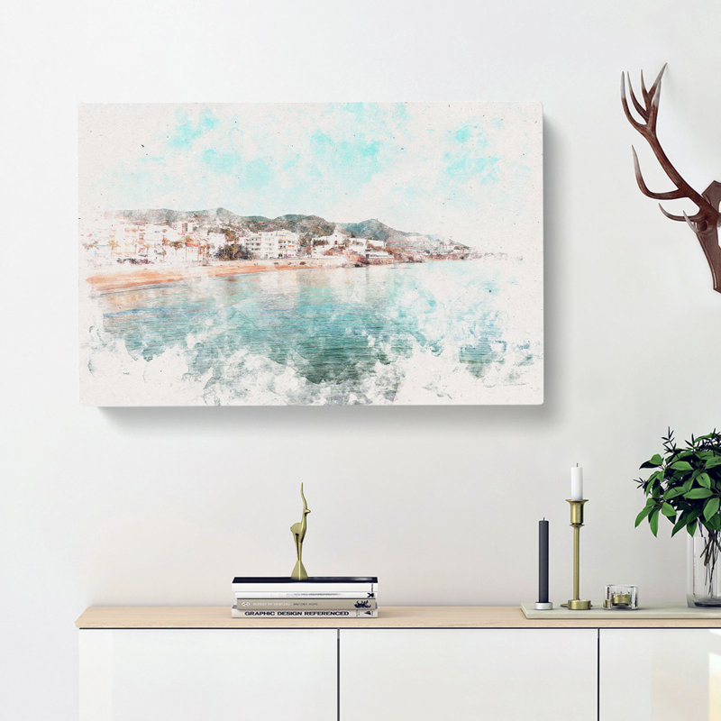 Shoreline of Sitges in Spain Watercolour - Wrapped Canvas, 35cm H x 50cm W x 3cm D