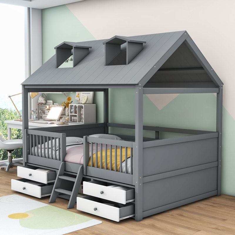 Lit pour enfant avec tiroirs Elderen, Simple, Gris