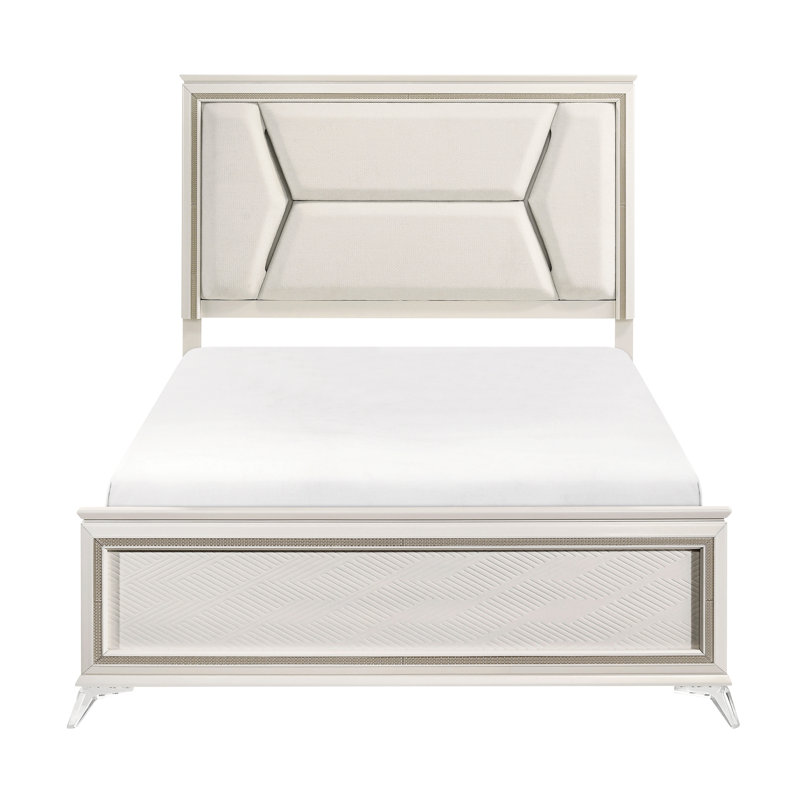 Grand lit moderne avec revêtement en chenille et tête de lit à DEL, qualité or blanc antique, cadre en bois luxueux avec lumières de tête de lit rembourrées, élément