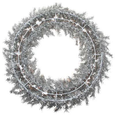 36" Pre-Lit Silver Tinsel Artificial Christmas Wreath Clear Lights