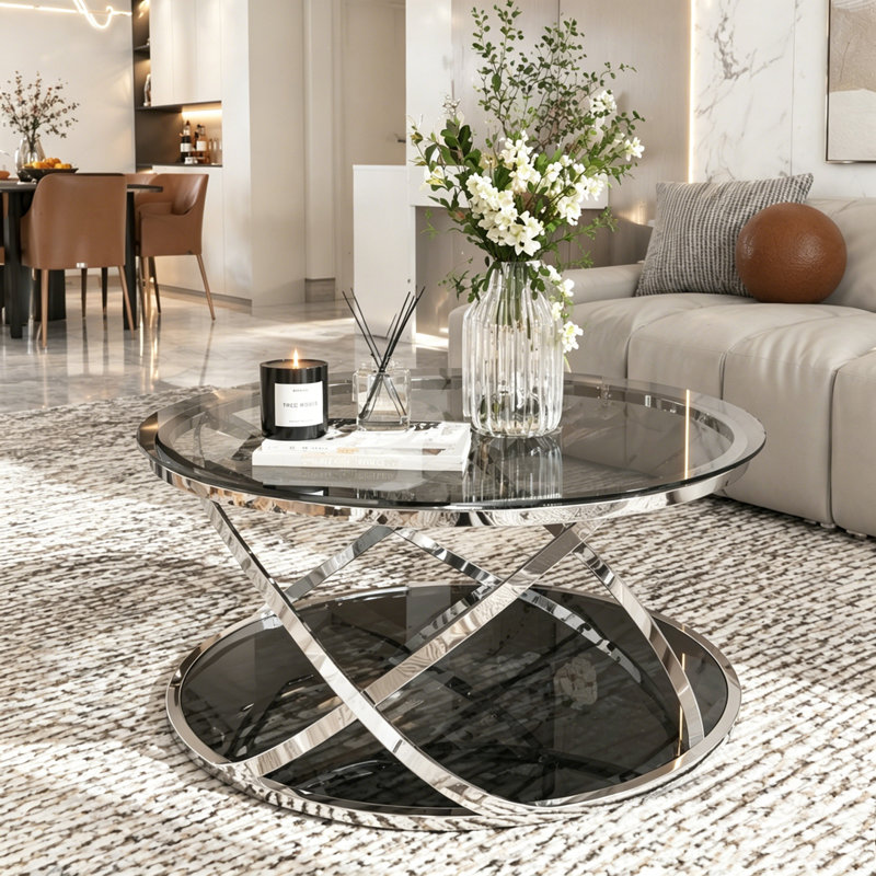 Table basse moderne en verre avec 2 niveaux et structure chromée, Round, Silver