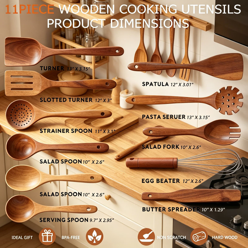 Ensemble de 11 cuillères en bois pour la cuisine, ustensiles de cuisine en bois de haute qualité avec cuillère à tamis, desserte à pâtes, spatule frite, fourchette à salade, batteur à œufs et épandeur à beurre