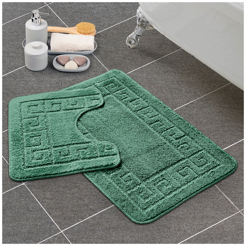 2 Piece Bathroom Rug Set Greek Key Pattern Bath Mat & Pedestal Mat Non Slip Rubber Back Soft Absorbent Mats, Sage