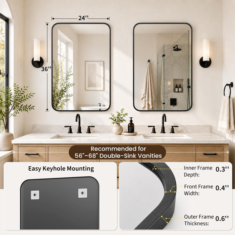 Modern Metal Frame Tempered Glass Wall  Mirrors,  Bathroom Vanity Mirror Set, Matte Black, 36" x 24", Rounded Corner  