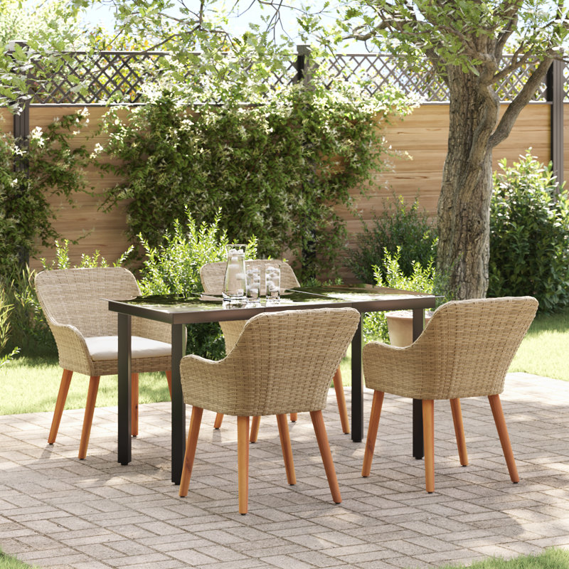 vidaXL Garden Dining Set with Cushion 5 pcs Beige Poly Rattan, Beige/Cream, 29.1" H x 55.1" W x 27.6" D, 4