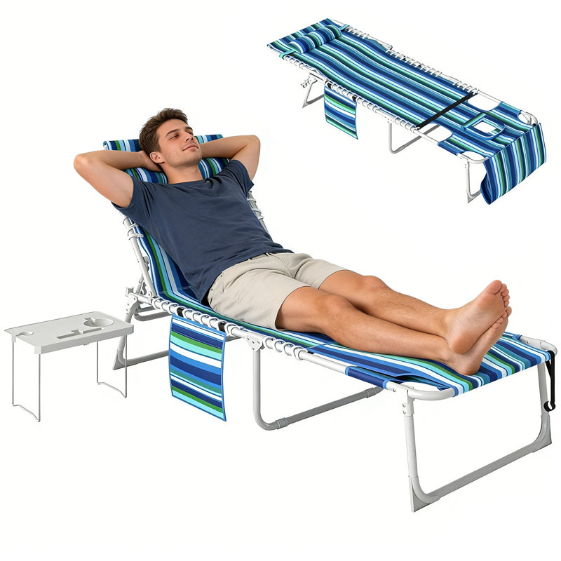 Folding Chaise Lounge Chair,outdoor Tanning Chair With Side Table, 5-level Adjustable Beach Lounge Chair With Headrest, Side Pocket For Patio, Backyard, Beach, Poolside