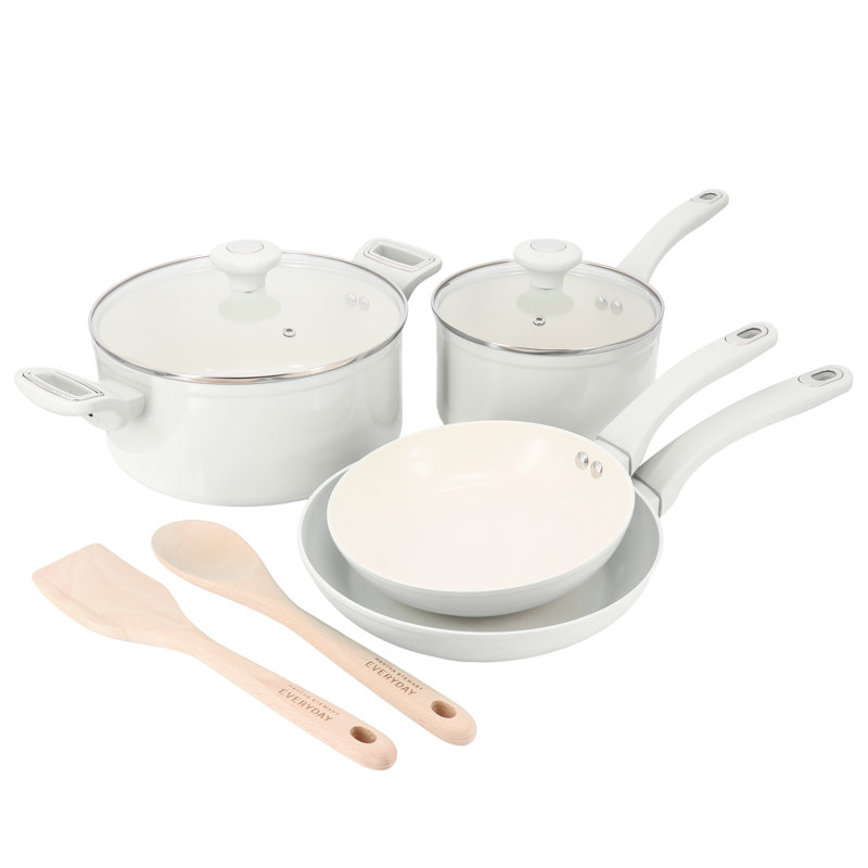 Batterie de cuisine en céramique antiadhésive en aluminium corail 8 pièces Martha Stewart Everyday Rexford, Blanc