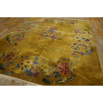 Hand Knotted Pile Wool Rectangle Antique 1920s Yellow / Gold Chinese Art Deco Rug