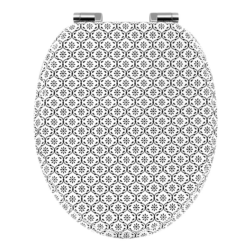 Toilet Seat With Soft-Close Mechanism, Wood, Toilet Seat, O-Shape With Hinges, Quick Release Function For Easy Cleaning, Tile Pattern Motif