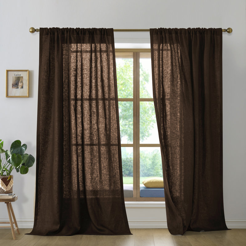 Paire de rideaux semi-transparents en lin, L 50 po x L 96 po, Brun foncé