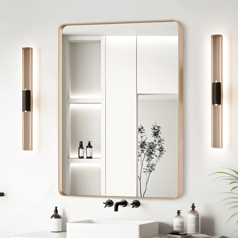 Miroir mural de salle de bain 24 x 32 pouces en aluminium doré - reflet transparent, verre flotté sans cadre, cadre rouille, preuve, support à barre en Z pour installation dans une membrane en alliage de verre, montage facile
