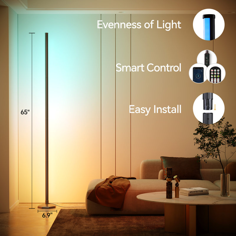 57" Corner Ambient Lighting Lamp With Music Sync & 16 Million Colors, Remote & App Control, Black