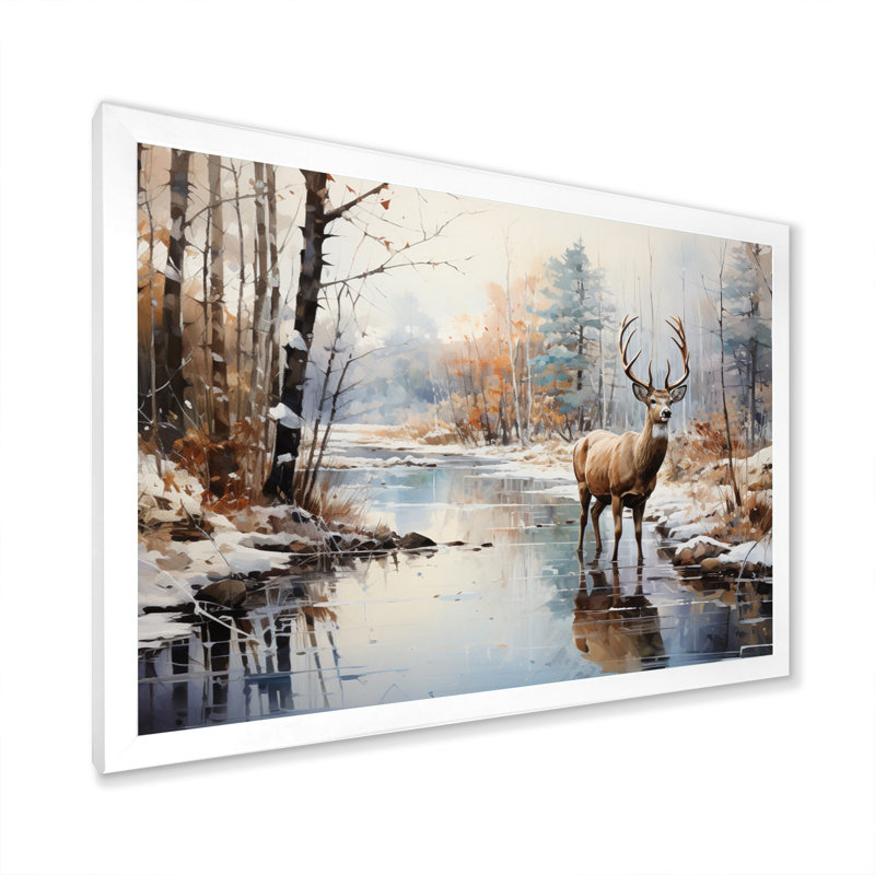 Cerf hiver sérénade - art mural grand cerf, H 12 po x l 20 po x P 1 po, Cadre simple blanc