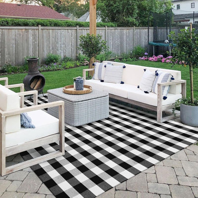 Tapis à carreaux noirs et blancs à motif Buffalo, tapis lavable en mélange de coton, tapis intérieur/extérieur fait main de style campagnard pour salon, entrée et véranda