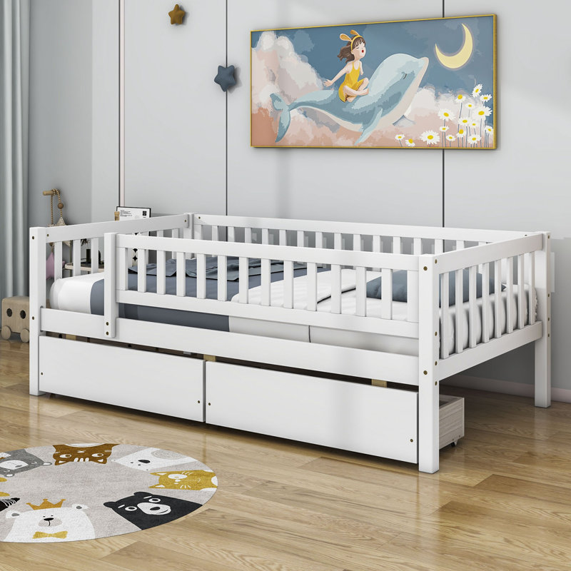 Bed Wood Bed with Two Drawers, Twin, White