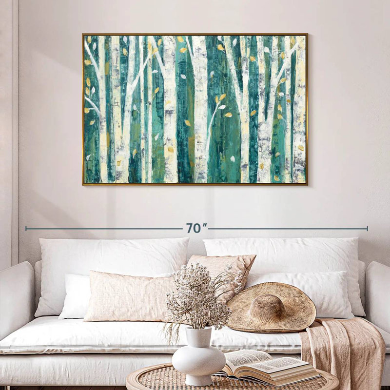 Bouleaux au printemps III, 46 po x 31 po, Cadre flottant doré