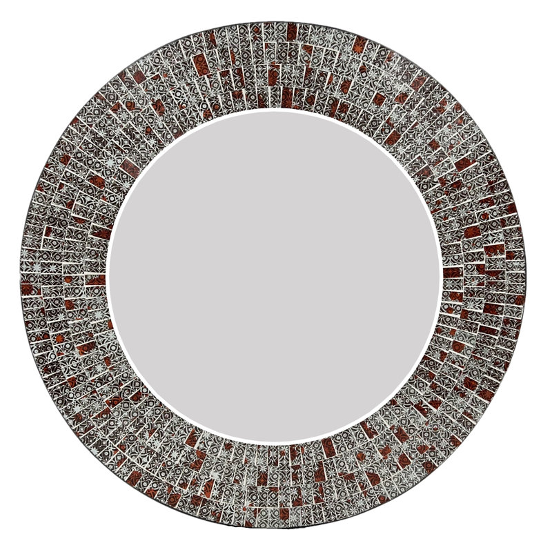 Zorigs Mosaic Mirror, Wall Art Décor – 24” Round Handcrafted Decorative Wall Mirror, Brown, Silver, and White Mosaic Tiles with Embedded Imperial Design