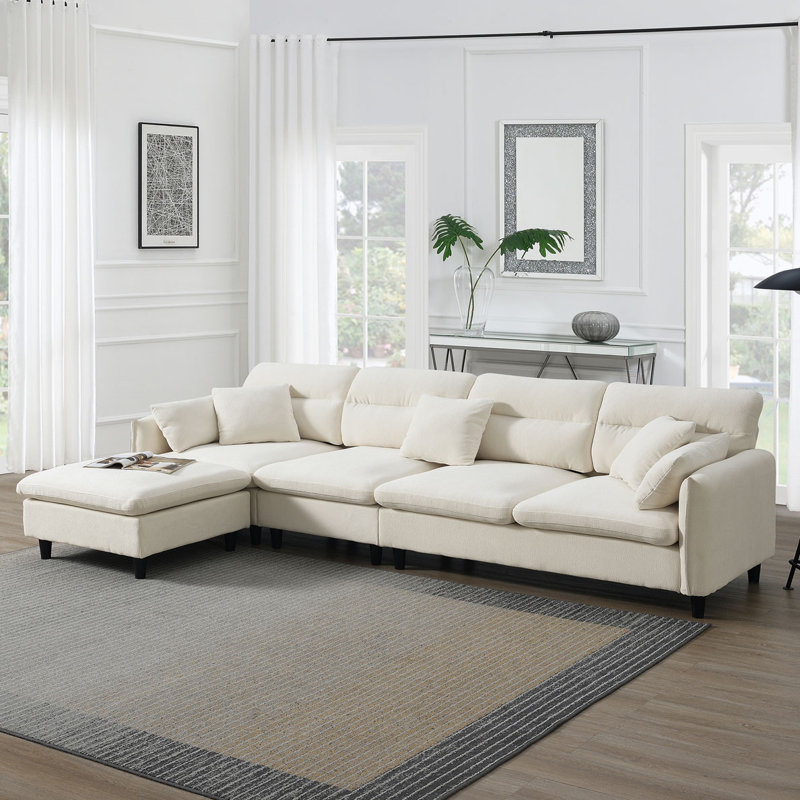 L-shaped Reversible Couch Set with Free Pillows, Beige Chenille