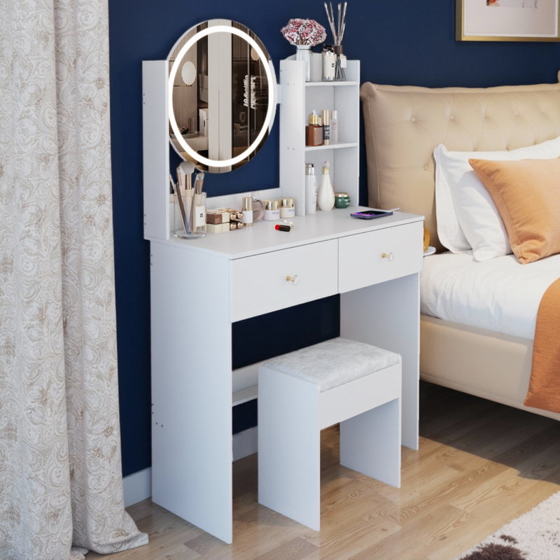 17" Round LED Mirror Vanity Table with Cushioned Stool – Adjustable Brightness, White