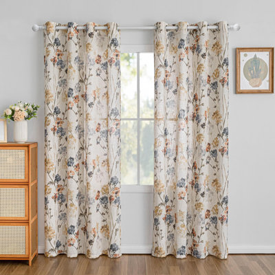 Rideaux en lin à motif floral, rideaux semi-transparents avec œillets à motif champêtre d'intimité, paquet de 2 (jaune)