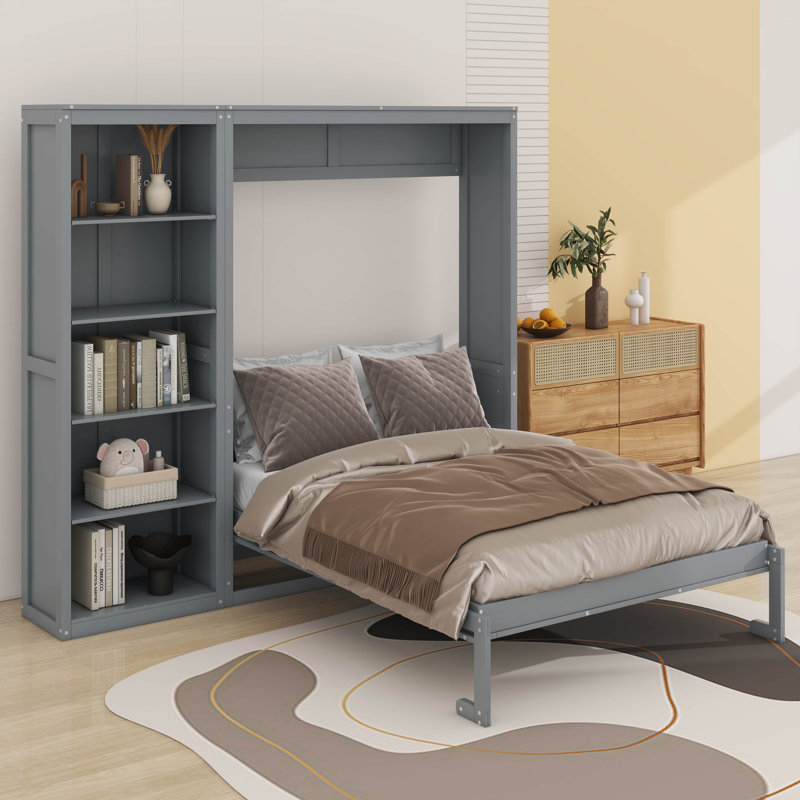 Grand lit escamotable avec tablettes, Gris