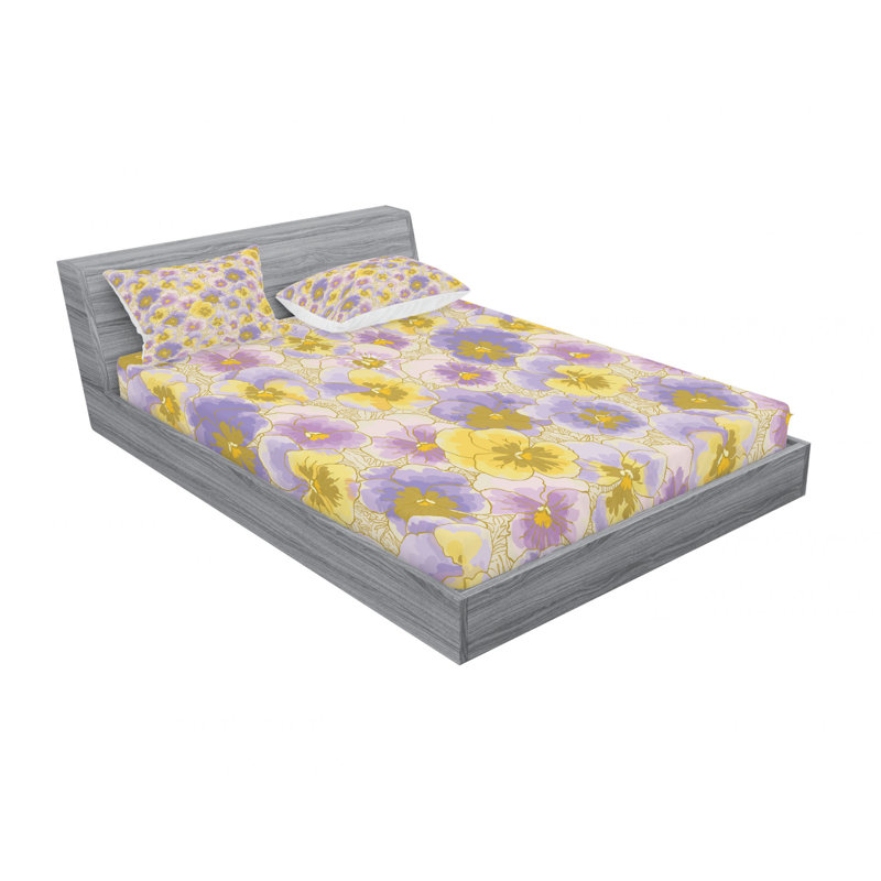 Microfiber Floral Sheet Set, Twin Sheet Set with Fitted Sheet, Hand Drawn Pansy Flowers