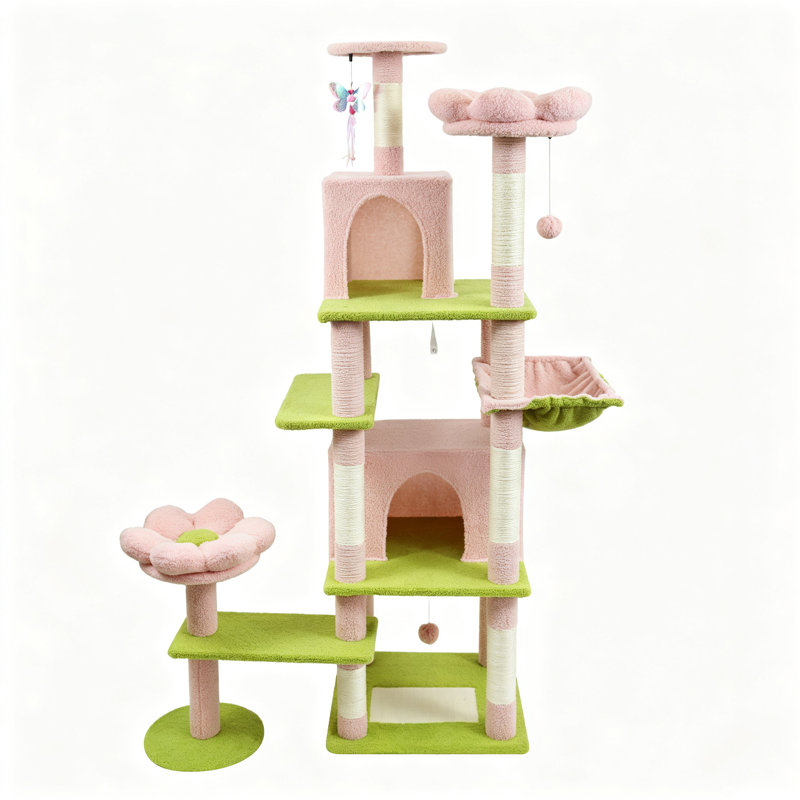 Arbre à chat en forme de fleur de 71 pouces, adapté aux chats, tour à chat à plusieurs étages de 7 niveaux, équipé de 2 habitats en peluche en forme de fleur, convient pour 4 à 5 chats.