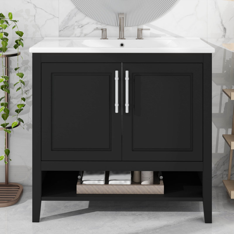 Meuble-lavabo de salle de bain avec lavabo intégré polyvalent, Noir, 36"