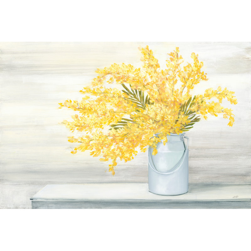 Bouquet de récolte dorée, fleurs d'or jaune en pot, vase, pot, sur table, panneau de bois, crème, blanc, brun, doux, chalet, ferme, maison de campagne, feuillage